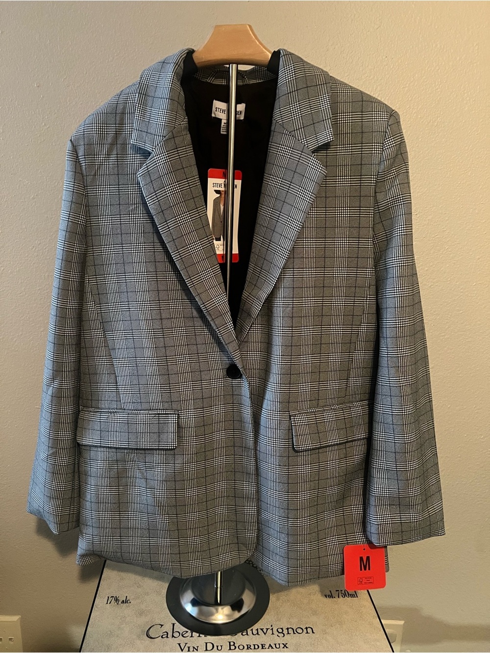 Steve Madden Plaid Blazer Suit Jacket Gray Black White Women’s M Single-Breasted